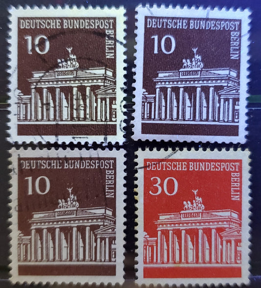 Germany - Berlin Mi#286 (SC# 9N251)  1966-1969 Buildings Definitives, Fluorescent Tagging Nearly All Omitted, With Regular Weak Tagging On One 10pf, Slightly Different Shades, 4 Very Fine Used Singles, Estimated Value $15