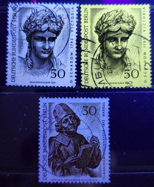 Germany - Berlin Mi#305 (SC#9N258)/306 (SC#9N306) 1967 Berlin Art Treasures Issue, With Fluorescent Coating Nearly Completely Missing & Normal For Comparison, 3 Very Fine Used Singles, Estimated Value $10