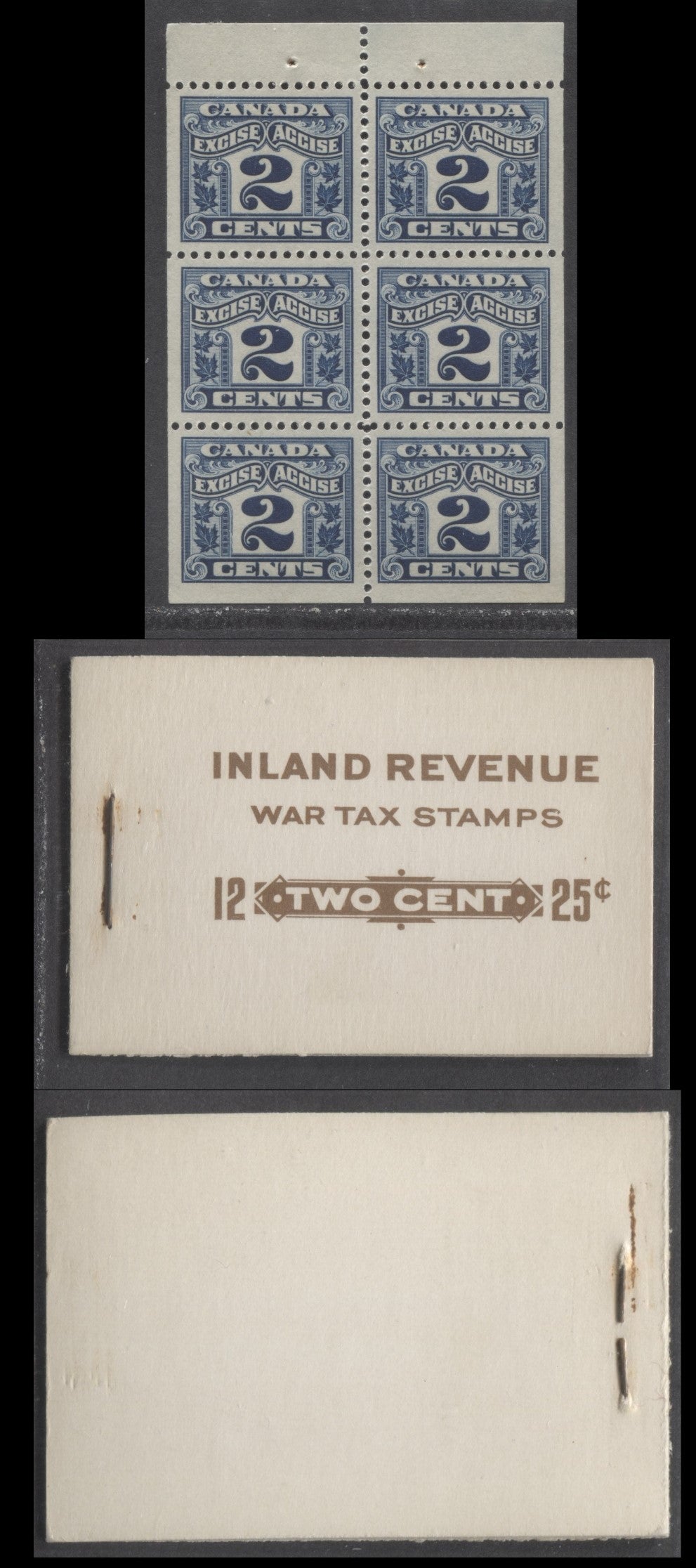 Lot 119 Canada #FX36b 25c Blue , 1915-1918 Leaf & Excise Issue, A VFNH Booklet With Two Panes Of 6