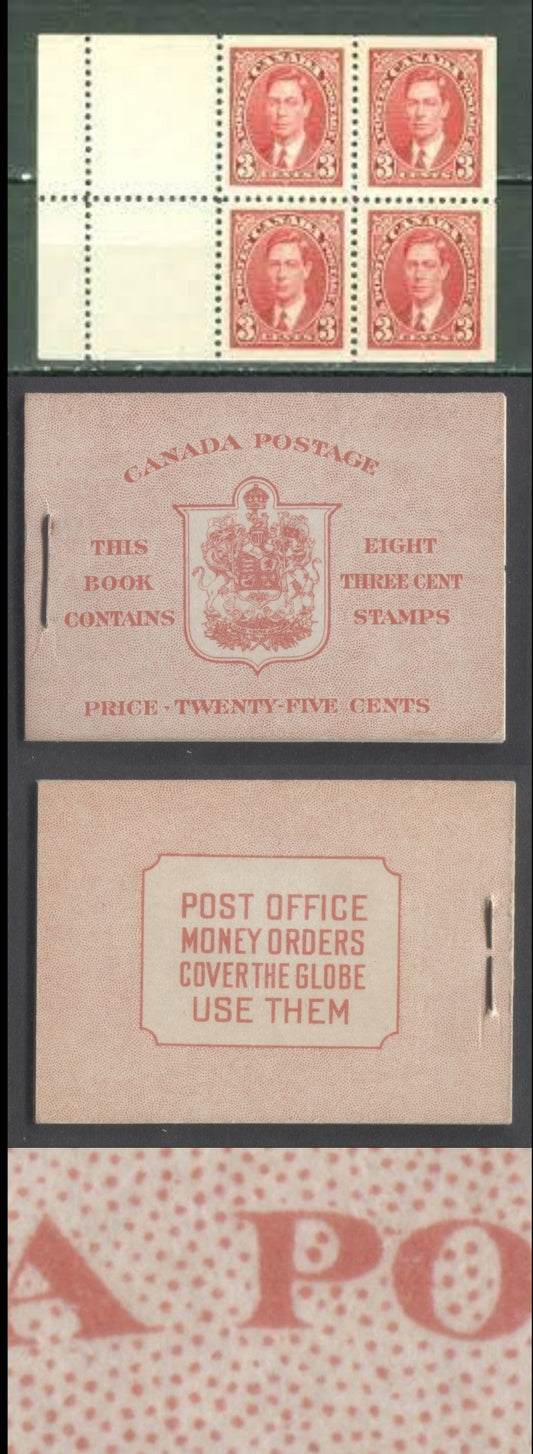 Canada #BK30cIIe 25c Carmine King George VI, 1937-1942 Mufti Issue, A VFNH Booklet With 2 Panes Of 4+2 Labels of the 3c Carmine, Front Cover Type IIe