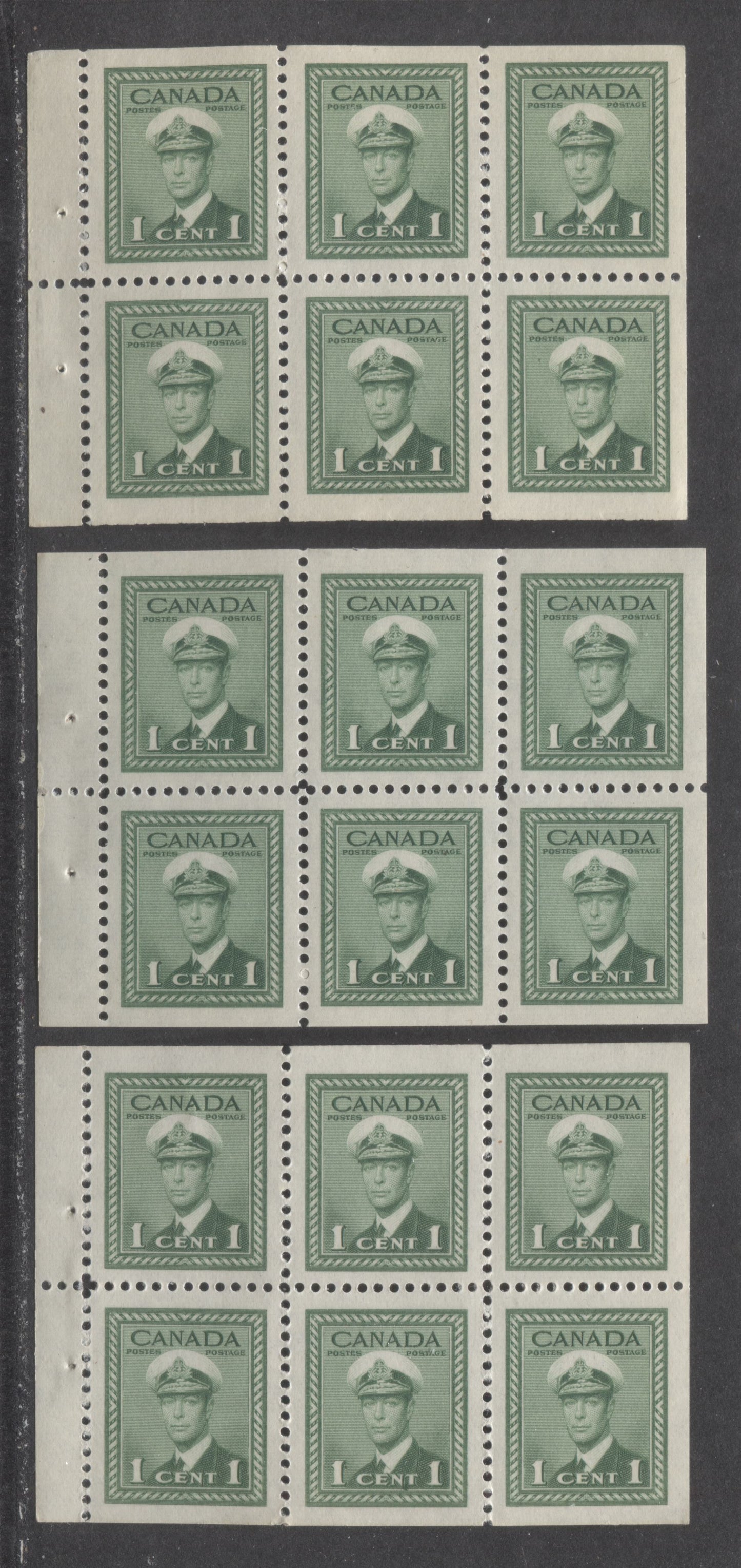 Lot 67 Canada #249b 1c Green, 1942-1943 King George VI War Issue, 2 VFNH Booklet Panes Of 6 Two Shades, Vertical Wove And Horizontal Ribbed Papers