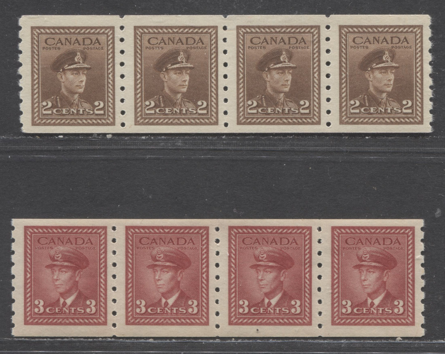 Lot 122 Canada #264-265 2c,3c Brown, Dark Carmine, 1942-1943 King George VI War - Coil Stamps Issue, 2 VFNH Coil Strips Of 4 On Horizontal Wove Paper With Cream Gum