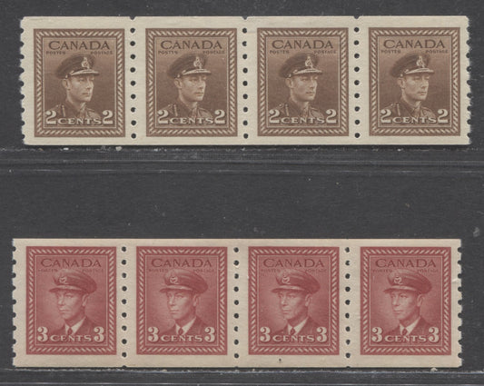 Lot 122 Canada #264-265 2c,3c Brown, Dark Carmine, 1942-1943 King George VI War - Coil Stamps Issue, 2 VFNH Coil Strips Of 4 On Horizontal Wove Paper With Cream Gum