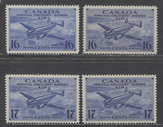 Canada #CE1-CE2 16-17c Violet Blue & Ultramarine Shades Trans-Canada Airplane, 1942-1943 Air Mail Special Delivery Issue, 4 VFNH SIngles