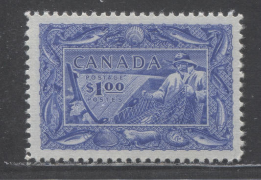 Canada #302 1 Ultramarine Fisherman, 1951 Fishing Resources Issue, A VFNH Single On Horizontal Ribbed Paper, Perf 12