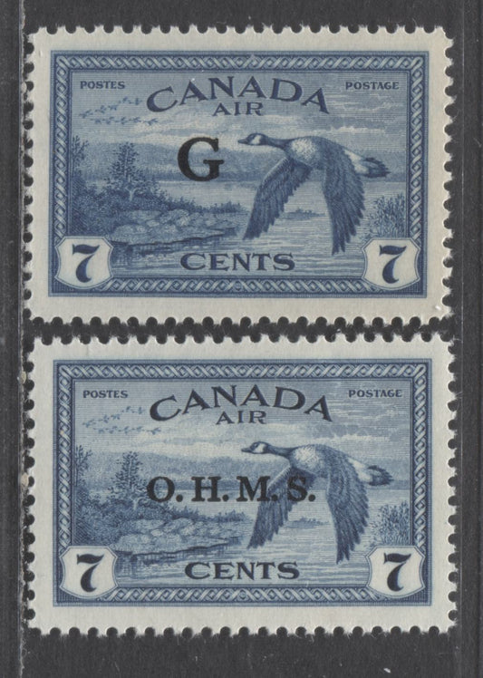 Canada #C01-C02 7c Deep Blue Canada Geese, 1946-1950 Official Overprints - Airmail Issue, 2 VFNH Singles