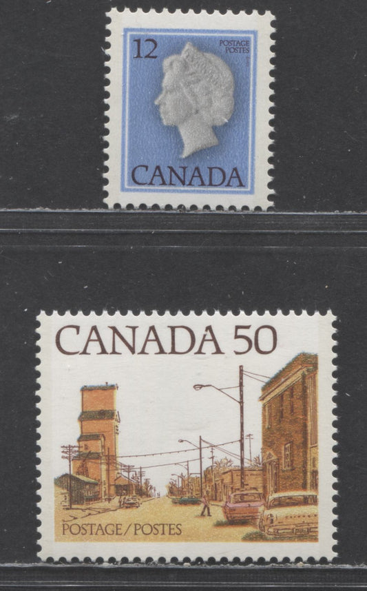 Canada #713iv, 723ii 12c, 50c Bright Blue & Black, Multicoloured Queen Elizabeth II, Prarie Street Scene, 1977-1982 First-Class & Medium-Value Street Definitive Issues, 2 VFNH Singles On Scarce MF/HF And DF Papers