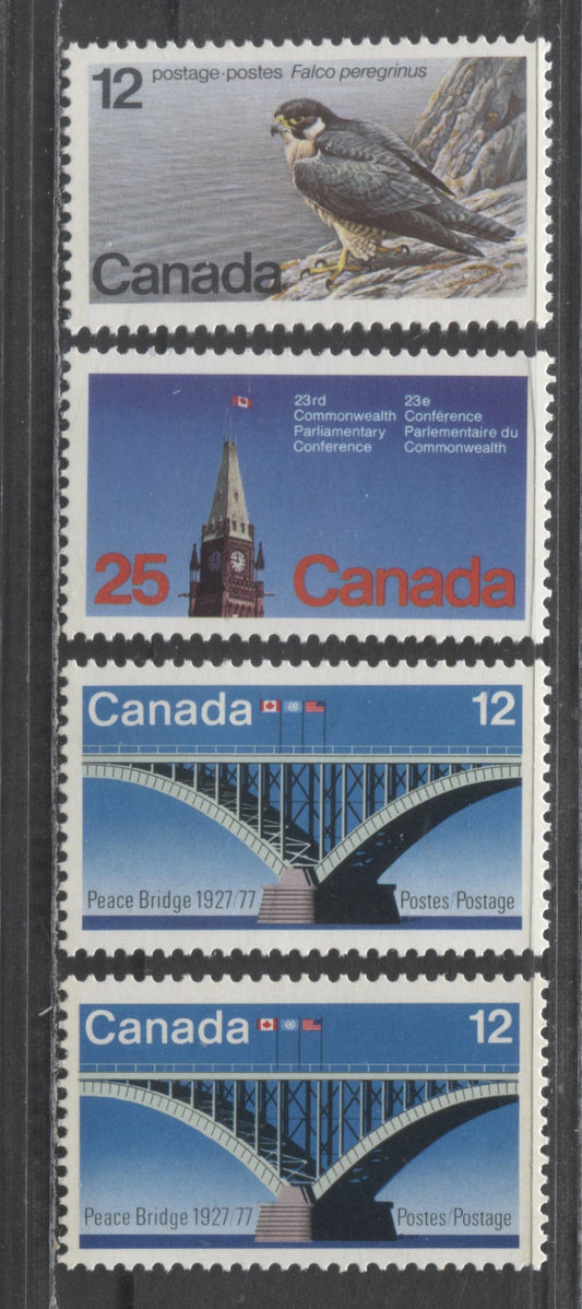 Canada #737ii-737iii,740i, 752iii 12c, 25c, 12c Multicoloured Peace Bridge,Peace Tower, Falcon, 1977-1978 Peace Bridge, Parliamentary Conference, Endangered Wildlife Issues, 4 VFNH Singles On F/F, F/NF, NF And LF Papers