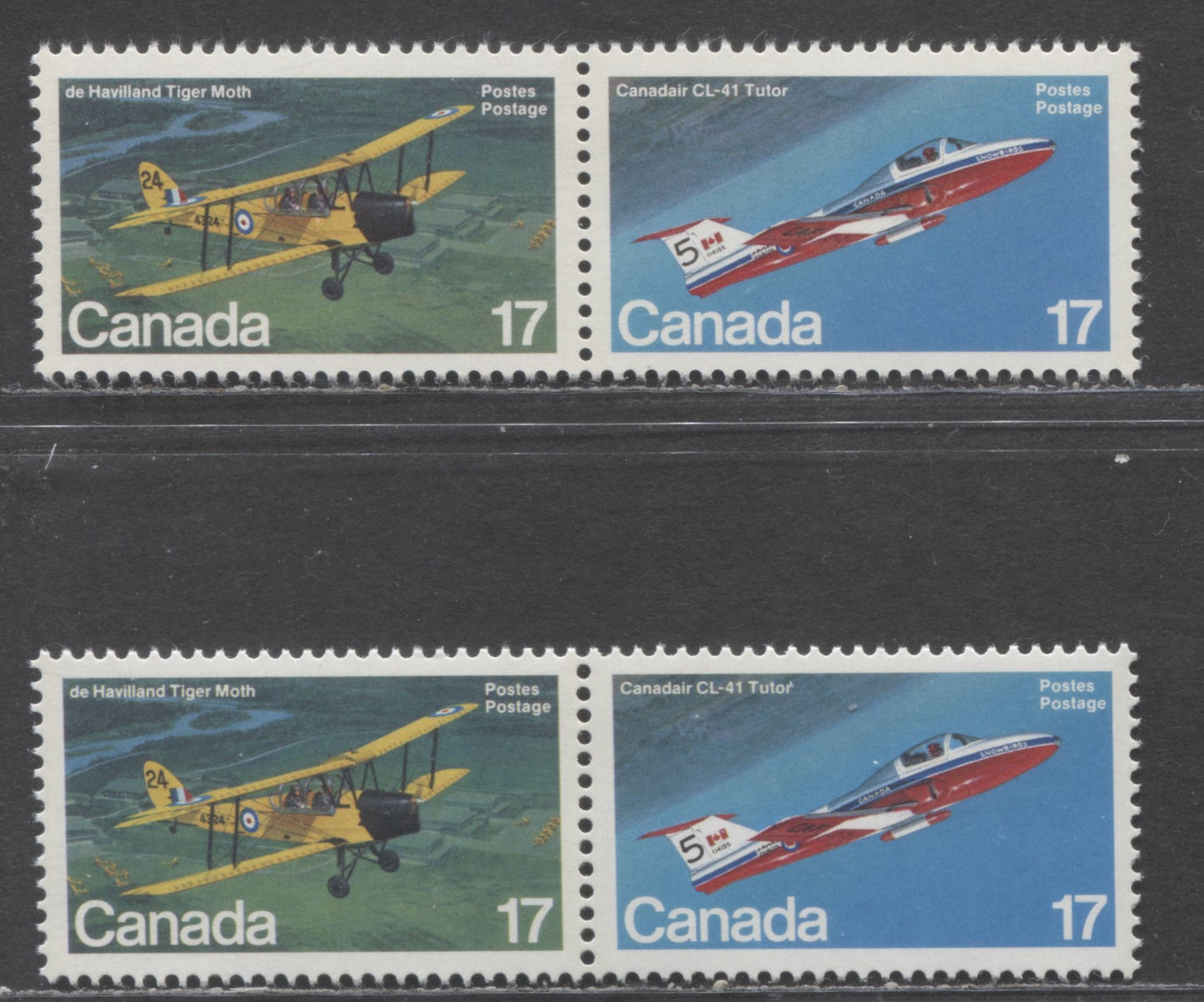 Canada #904a,904ai 17c Multicoloured Tiger Moth, CL-41 Tutor, 1981 Canadian Aircraft Issue, 2 VFNH Se-Tenant Pairs On DF & F Papers