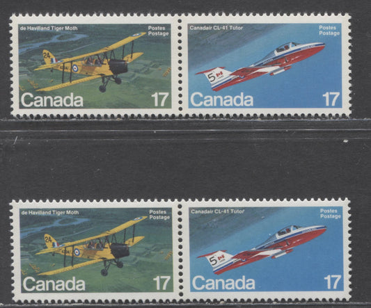 Canada #904a,904ai 17c Multicoloured Tiger Moth, CL-41 Tutor, 1981 Canadian Aircraft Issue, 2 VFNH Se-Tenant Pairs On DF & F Papers