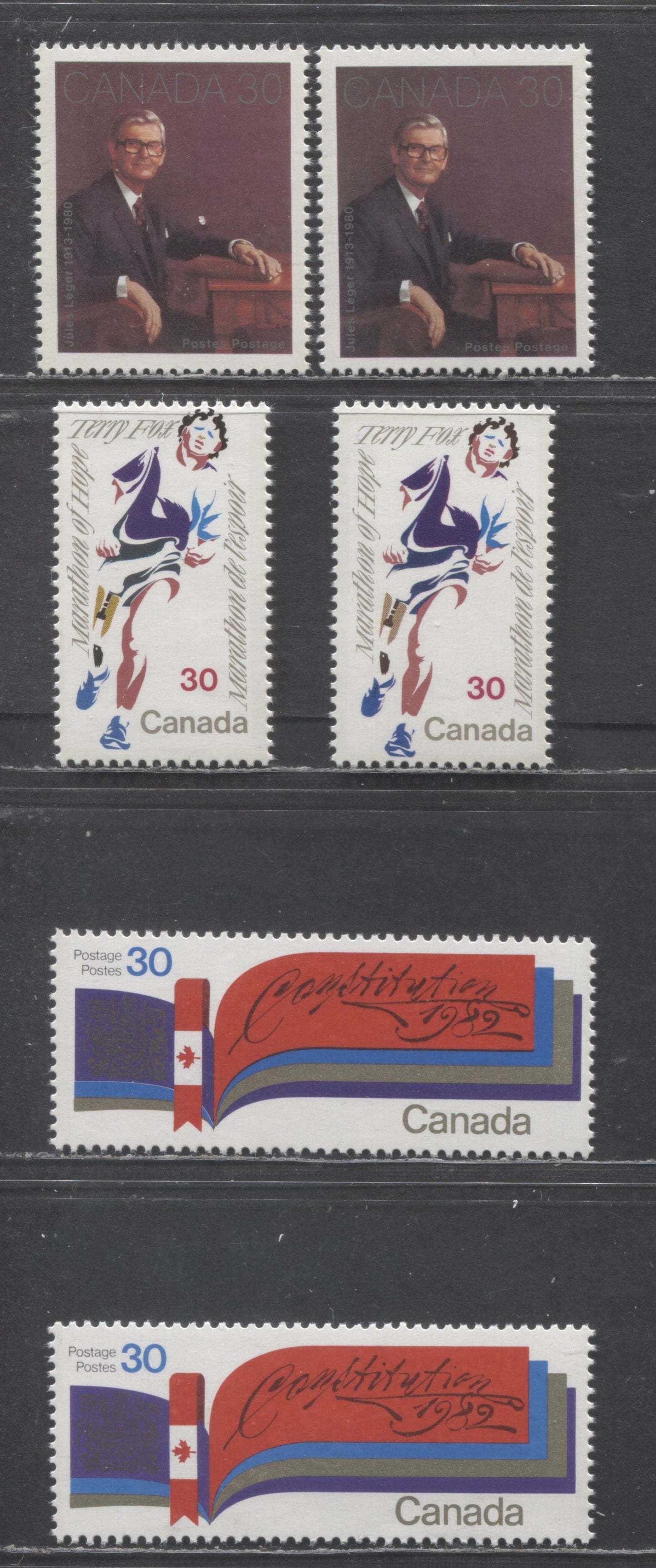 Canada #914-916i 30c Multicoloured Jules Leger-Constitution, 1982 Jules Leger - New Constitution Issues, 6 VFNH Singles On DF & LF Papers