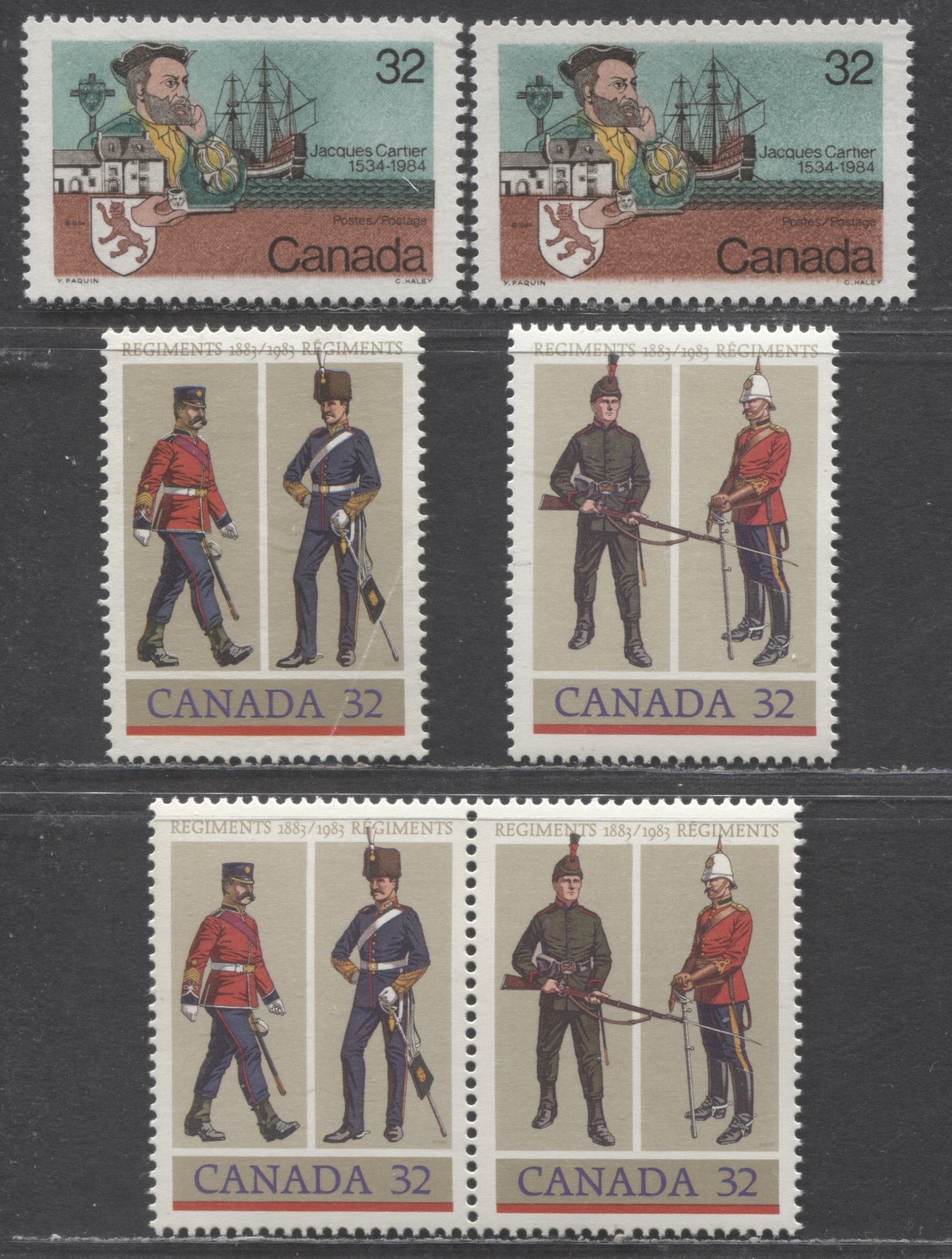 Canada #1008a-1008ai, 1011, 1011ii 32c Multicoloured, 1983 Army Regiments & Jacques Cartier Issues, A VFNH Se-Tentant Pair Annd 4 Singles On LF-fl, DF And F Papers