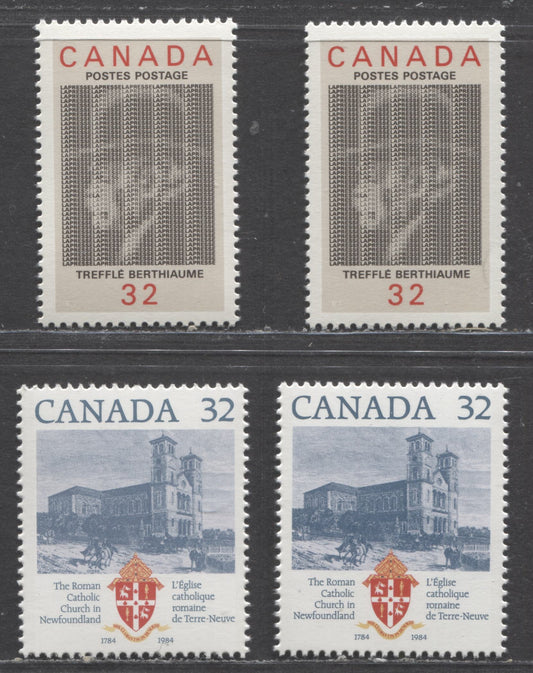 Canada #1029, 1044 32c Multicoloured Basilica Of St.John's, Treffle Berthiaume, 1984 Roman Catholic Church & Treffle Berthiaume Issues, 4 VFNH Singles On Unlisted DF/LF And MF/DF Harrison Papers In Addition To Normal DF/DF