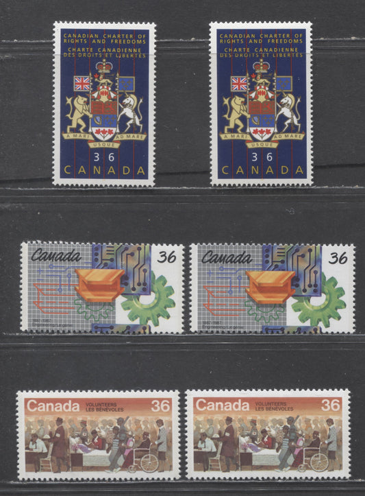 Canada #1132-1134i 1987 Volunteers - Charter Of Rights And Freedoms Issues, VFNH Singles On Listed DF, LF and MF Papers