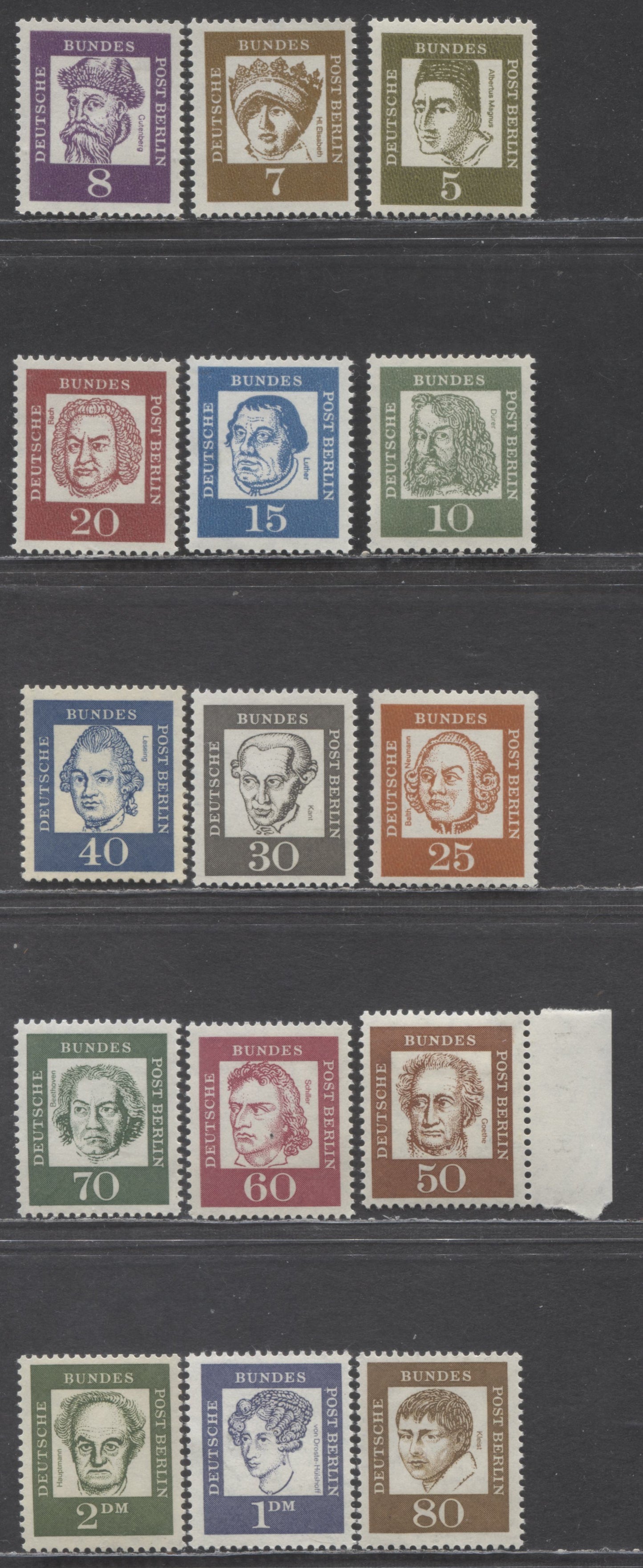 Germany - Berlin Mi#199 (SC#9N176)-213 (SC#9N190) 1961-1962 Portrait Definitives, 15 F/VFNH Singles, Click on Listing to See ALL Pictures, Estimated Value $12