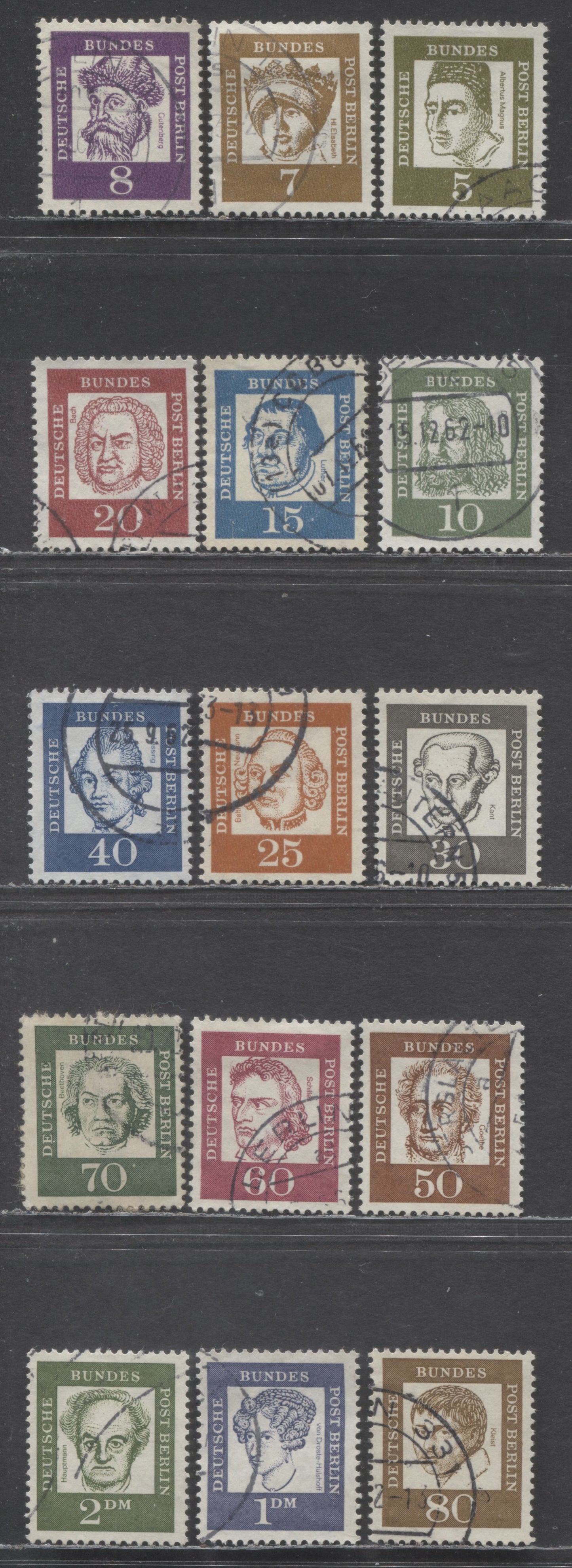 Germany - Berlin Mi#199 (SC#9N176)-213 (SC#9N190) 1961-1962 Portrait Definitives, 15 Fine/Very Fine Used Singles, Click on Listing to See ALL Pictures, Estimated Value $21