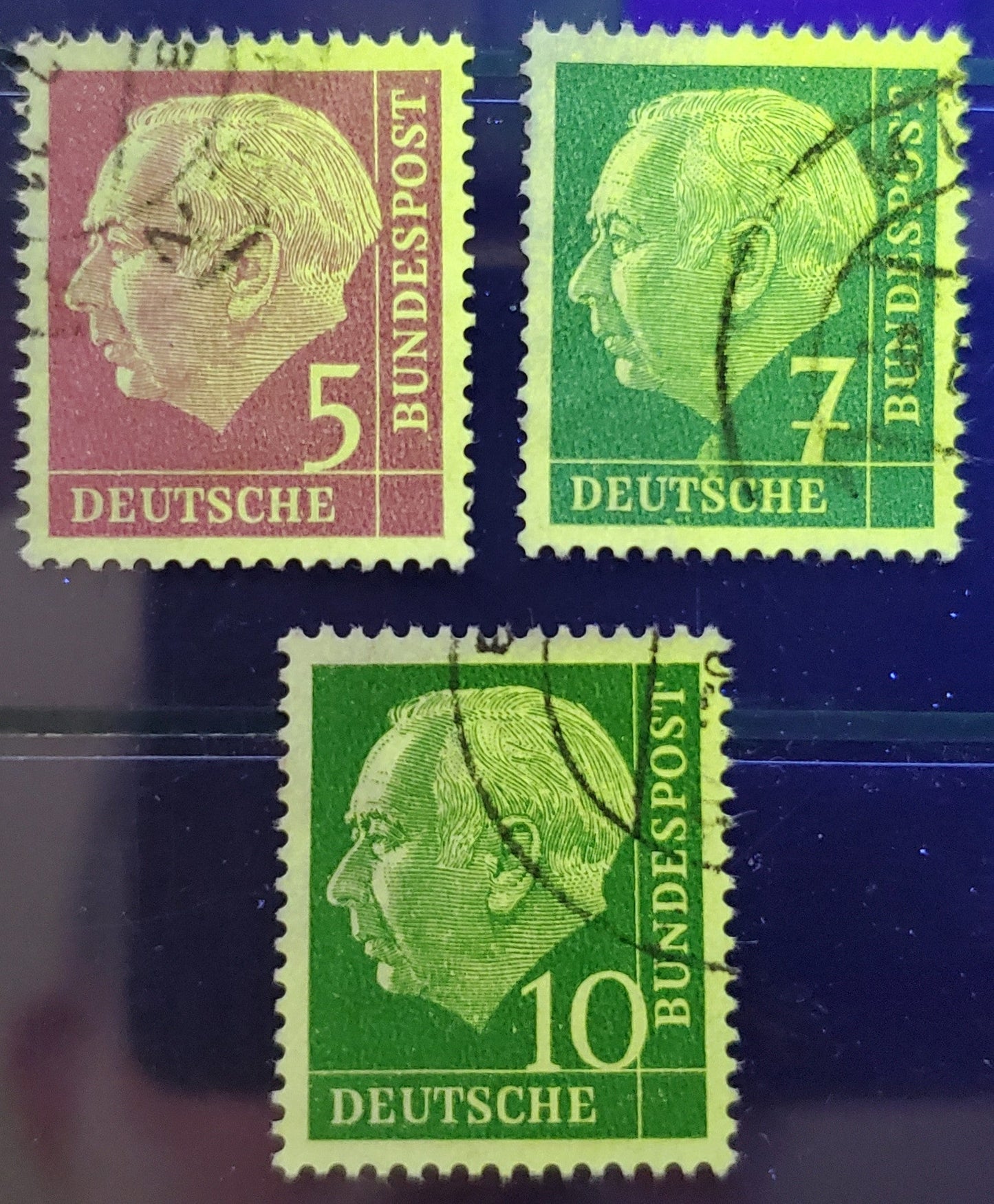 Lot 96 Germany Mi#179y (SC#704)-183ya (SC#708) 1960 Heuss Definitives, Fluorescent Papers, 3 Very Fine Used Singles, Click on Listing to See ALL Pictures, Estimated Value $50
