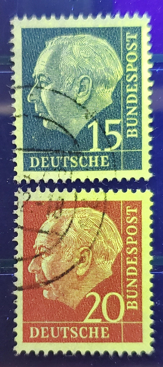 Germany Mi#184y (SC#709)-185y (SC#710) 1960 Heuss Definitives, Fluorescent Papers, 2 Very Fine Used Singles, Click on Listing to See ALL Pictures, Estimated Value $50