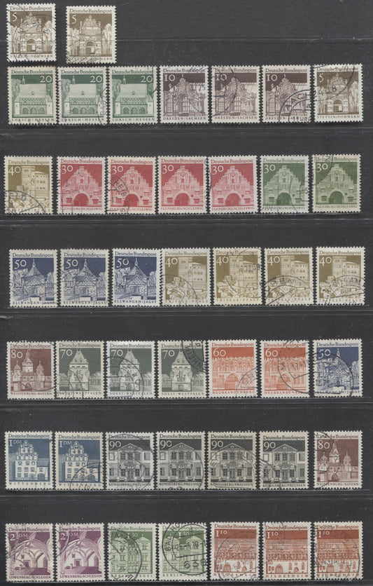 Germany Mi#489 (SC#936)-503 (SC#951) 1964-1966 German Buildings Definitives, Fluorescence & Shade Study, Multiple Variations, 45 Fine/Very Fine Used Singles, Click on Listing to See ALL Pictures, Estimated Value $15