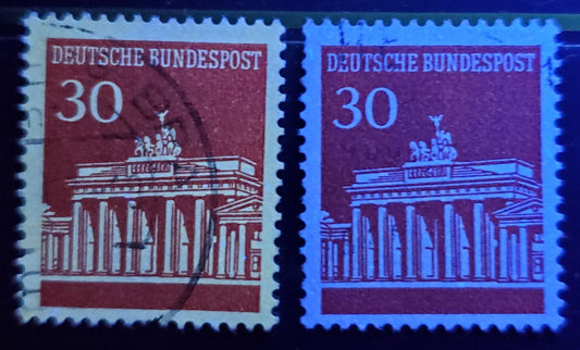 Germany Mi#508vvar (SC# 954var) 30pf Carmine 1966-1968 Brandenburg Gate, Unlisted Missing Fluorescent Coating, 2 Fine/Very Fine Used Singles, Estimated Value $10