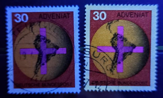 Germany Mi#545var (SC# 977var) 30pf Multicolored 1967 Adveniat Issue, With Fluorescent Coating Almost Completely Missing, 2 Very Fine Used Singles, Click on Listing to See ALL Pictures, Estimated Value $10