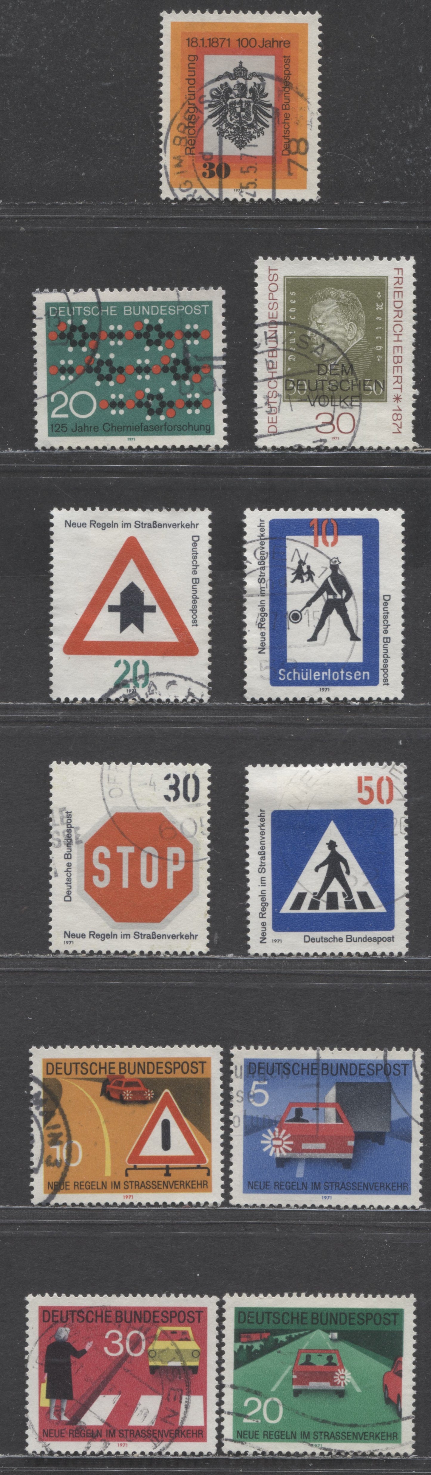 Germany SC#1052-1062(Mi#658/673) 1971 German Empire Centenary - Traffic Rules Issue, 11 Very Fine Used Singles, Click on Listing to See ALL Pictures, Estimated Value $4 USD