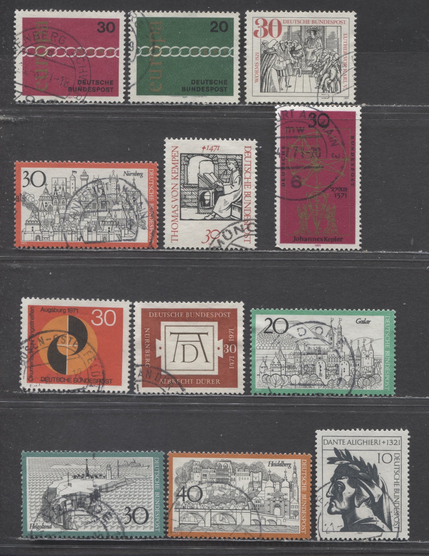 Germany SC#1063-1073(Mi#674/693) 1971 Diet Of Worms - Dante Alighieri Issues, 12 Very Fine Used Singles, Click on Listing to See ALL Pictures, Estimated Value $3 USD