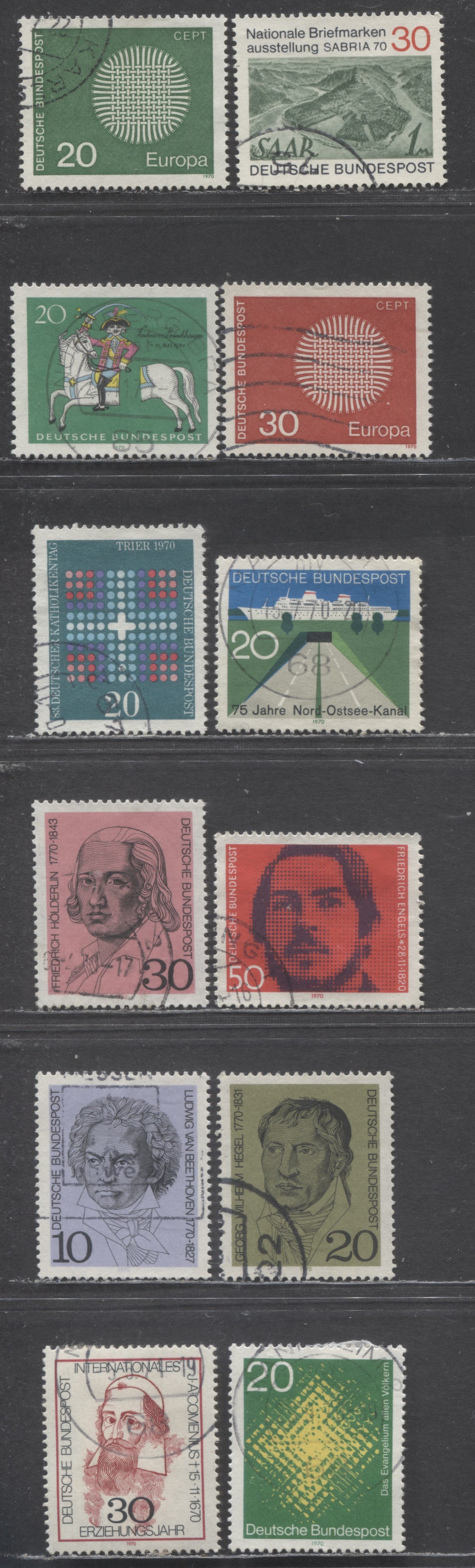 Germany SC#1014/1051(Mi#616/657) 1970 Portraits - Engels Issues, 12 Very Fine Used Singles, Click on Listing to See ALL Pictures, Estimated Value $4 USD