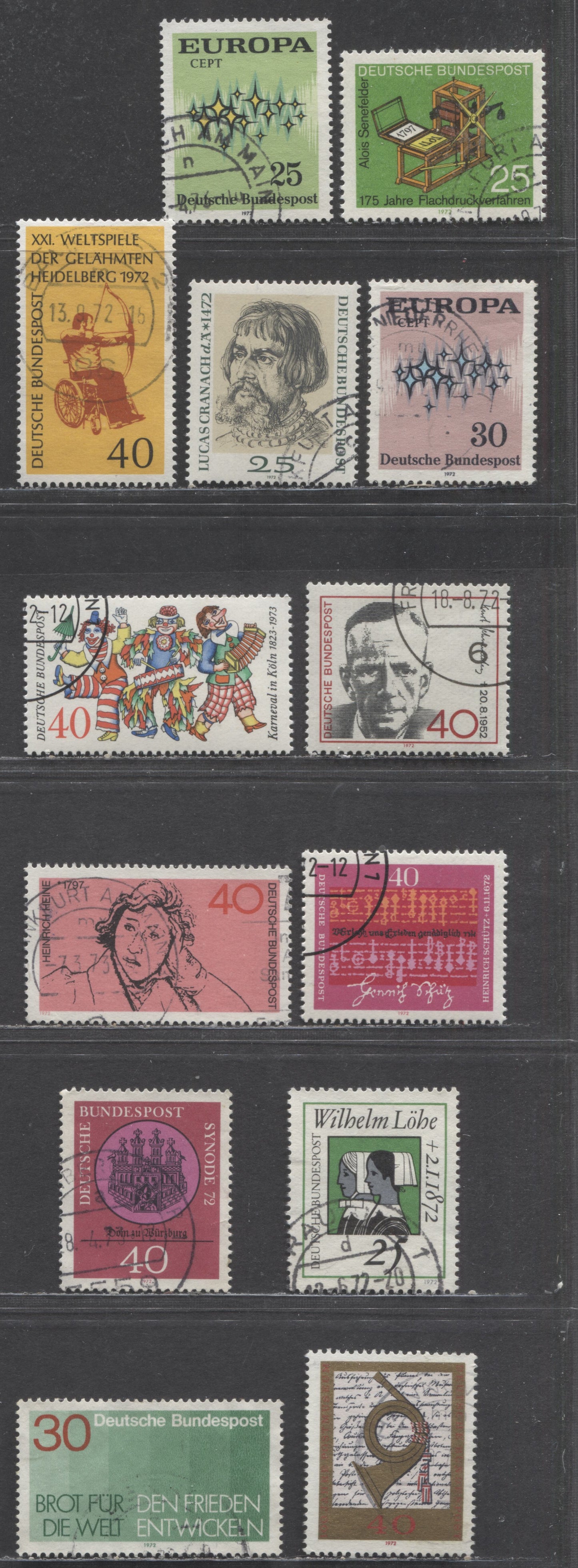 Germany SC#1087-1100(Mi#710/752) 1972 Comemoratives Issue, 14 Very Fine Used Singles, Click on Listing to See ALL Pictures, Estimated Value $5 USD