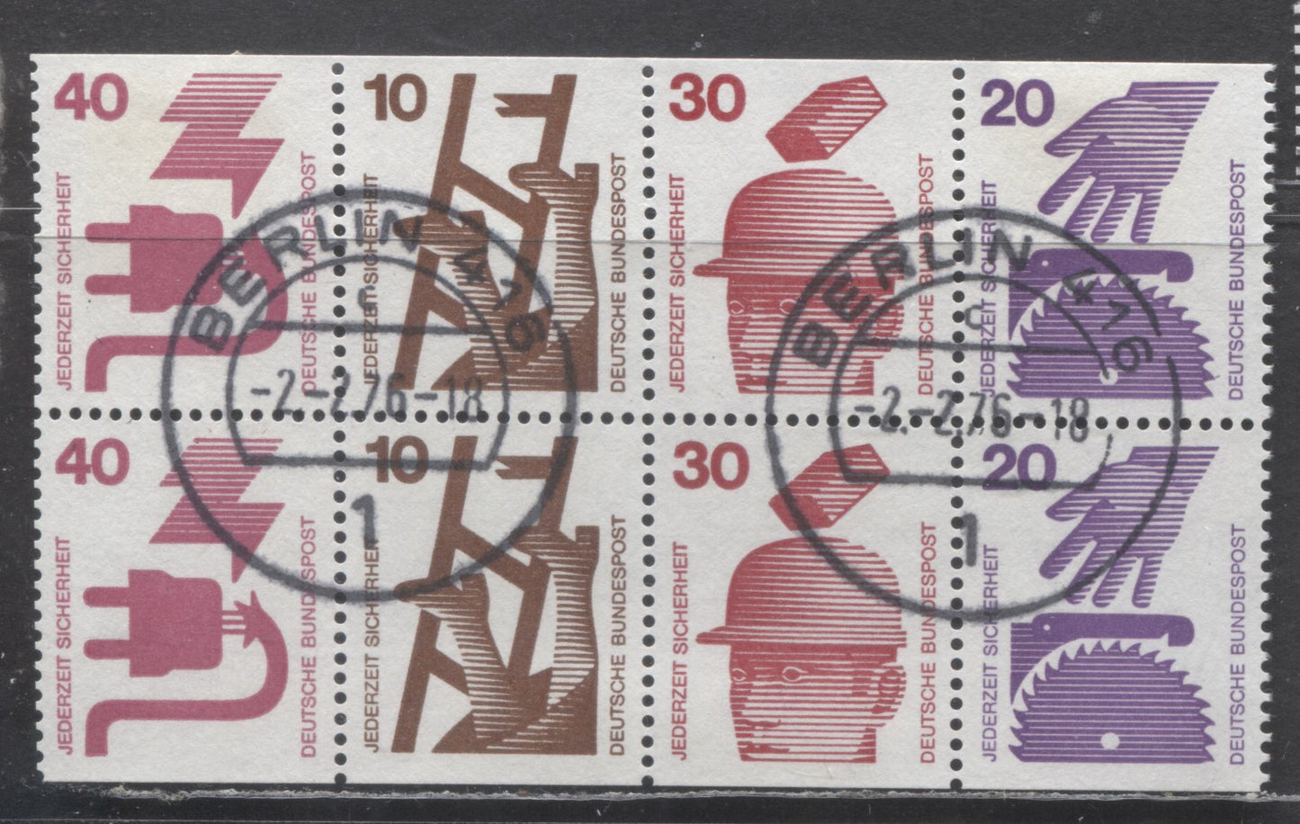 Germany Mi#25 (SC# 1075b) 10pf Brown - 40pf Red 1971-1974 Accident Prevention Definitives, A Very Fine Used Booklet Pane Of 8, Click on Listing to See ALL Pictures, Estimated Value $15