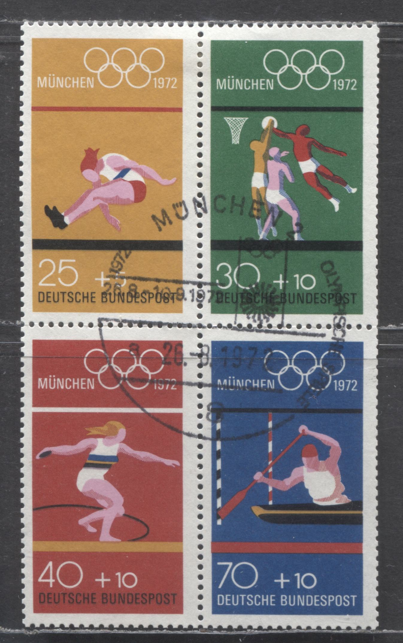 Germany Mi#22 (SC# B490e) 25+5pf Orange - 70+10pf Blue 1972 Olympic SemiPostals, A Very Fine Used Booklet Pane, Estimated Value $8