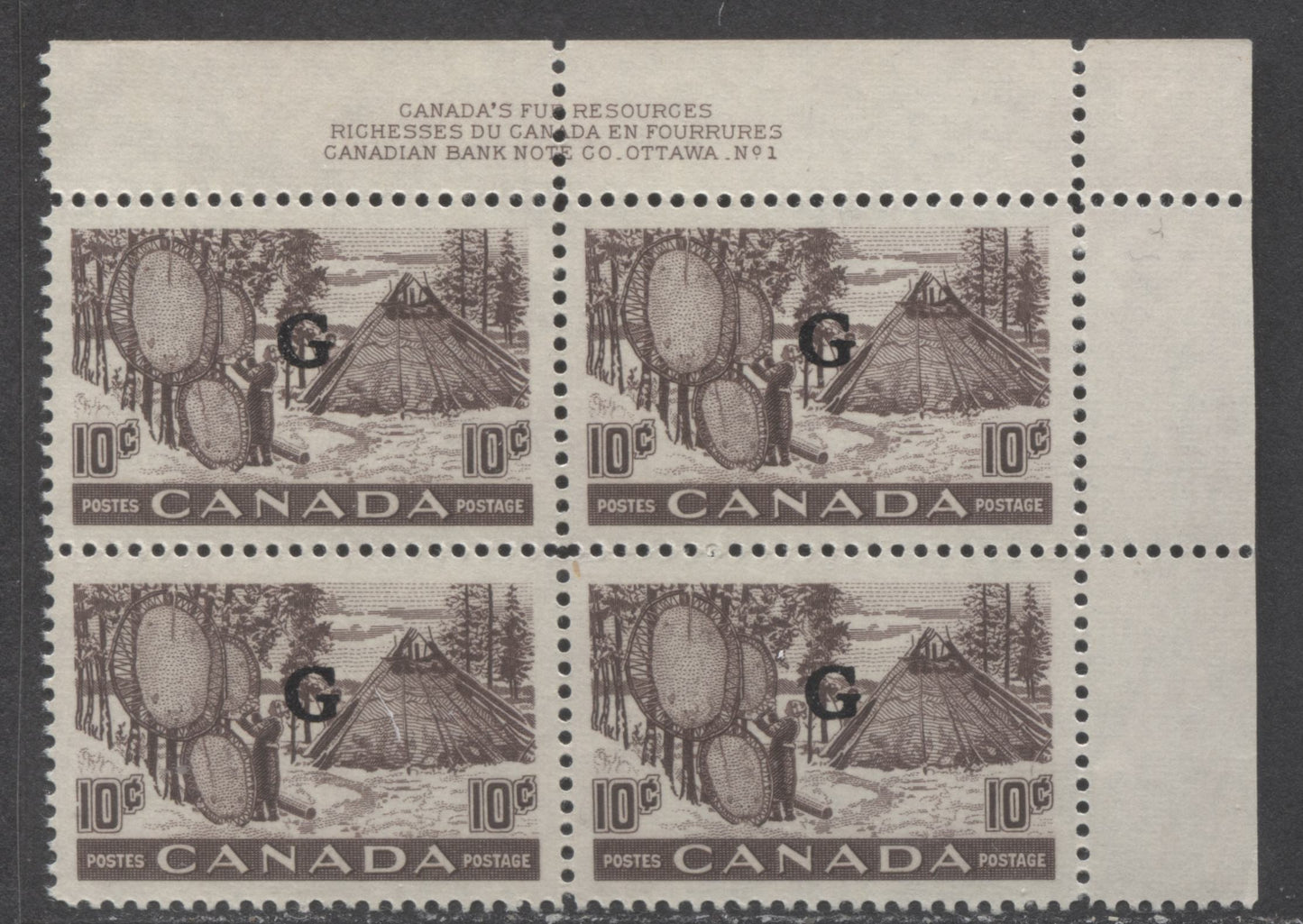 Canada #O26 10c Black Brown Drying Skins, 1950-1951 Peace / Natural Resources - Overprinted Officials Issue, A VFNH UR Plate 1 Block Of 4