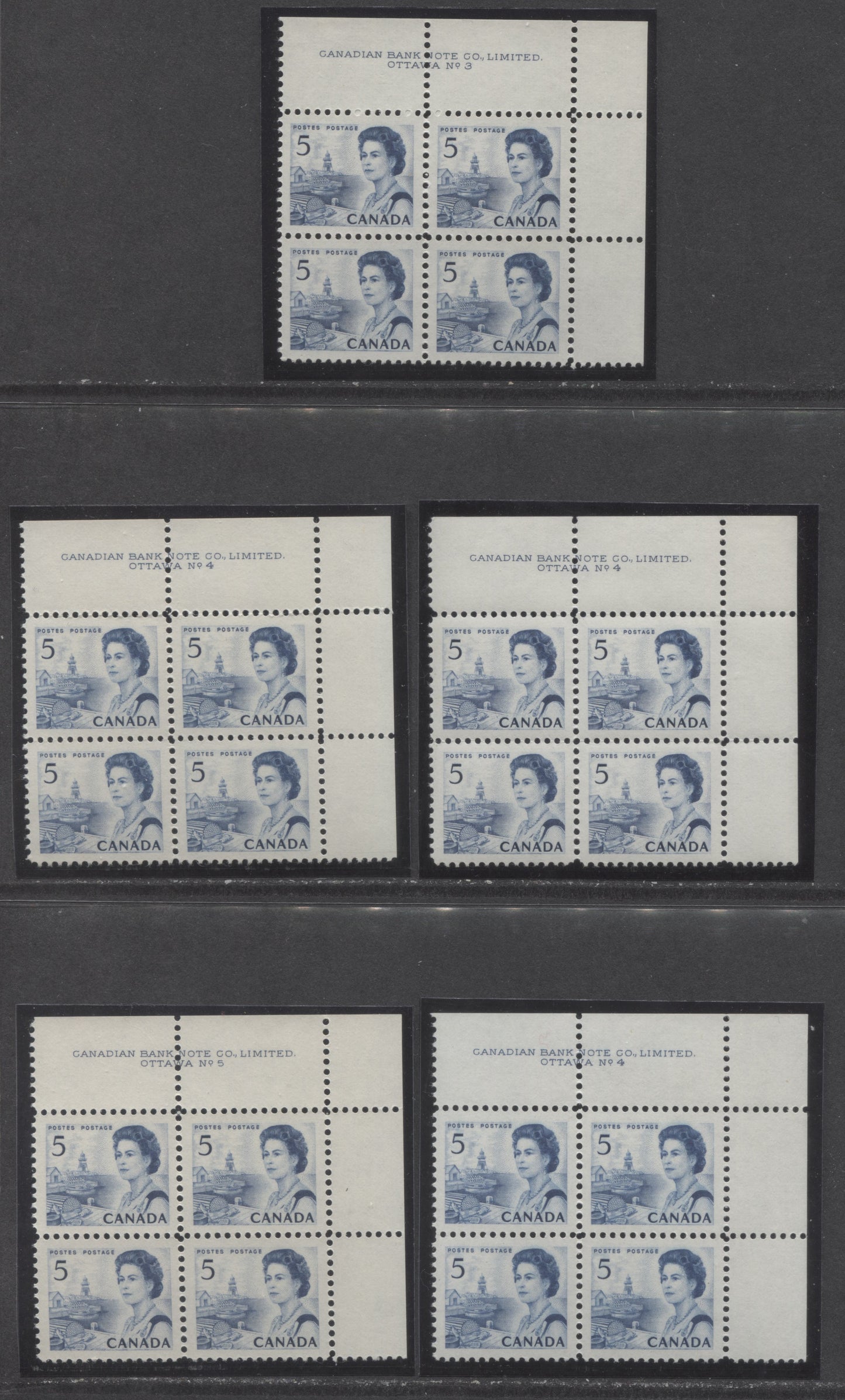 Canada #458,ii 5c Blue & Light Blue Queen Elizabeth II, 1967-1973 Centennial Issue, 5 VFNH UR Plates 3-5 Blocks Of 4 On Off-White DF1-fl, DF2-fl & LF3 Papers With Smooth & Streaky Dex Gum, Various Black & Dark Blue Under UV