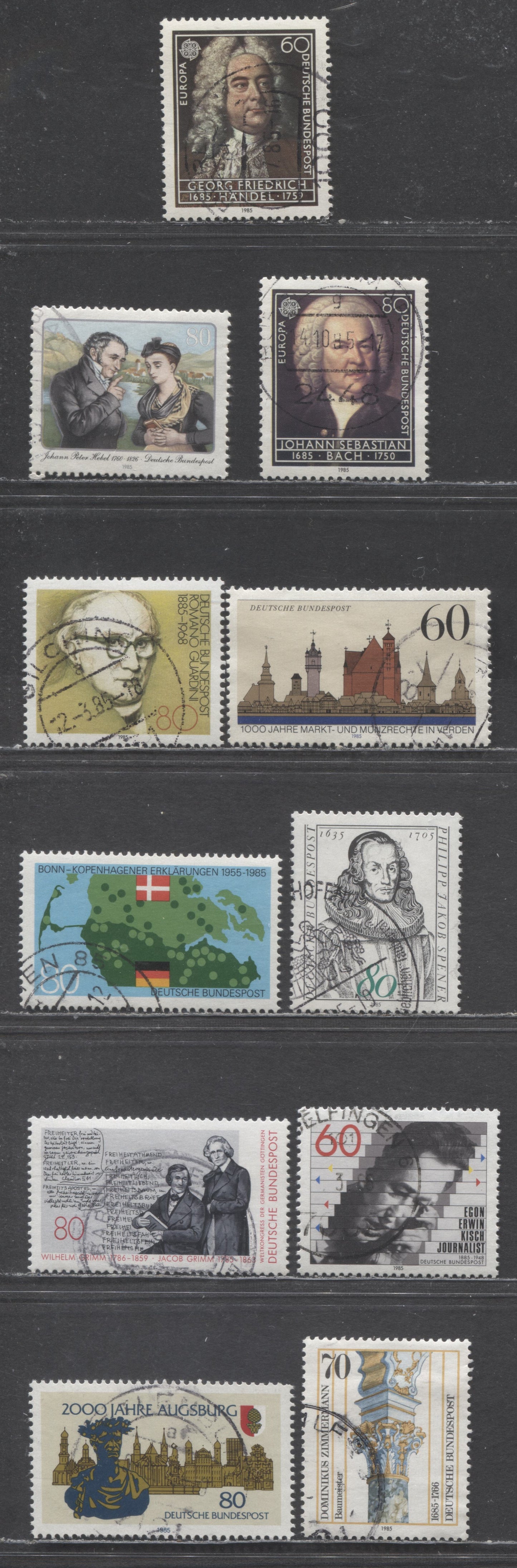 Germany Mi#1234 (1432)/1251 (1442) 1985 Augsburg-Zimmerman Issues, 11 Very Fine Used Singles, Estimated Value $6