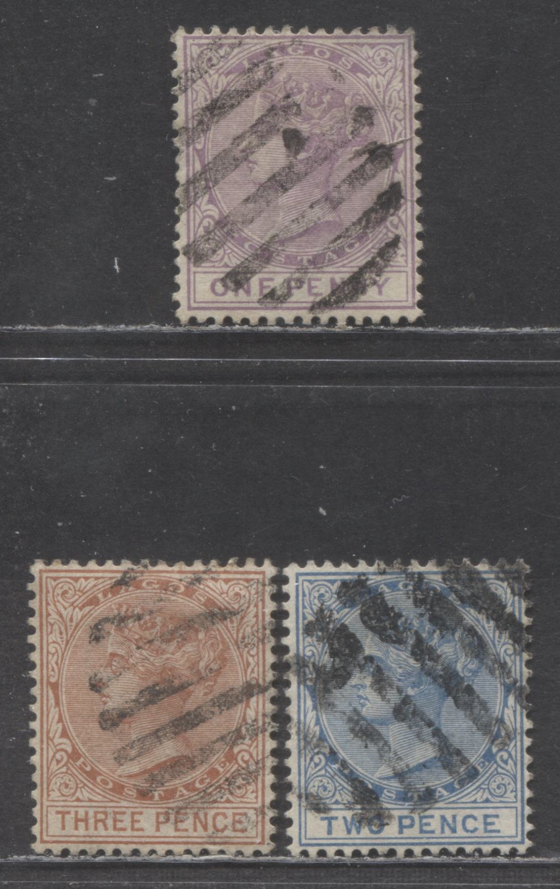 Lagos SC#14/20 1884-1886 Queen Victoria Issue, 1d Lilac, 2d Blue & 3d Orange Brown, Crown CA Wmks, 3 Fine Used Singles, Click on Listing to See ALL Pictures, Estimated Value $15