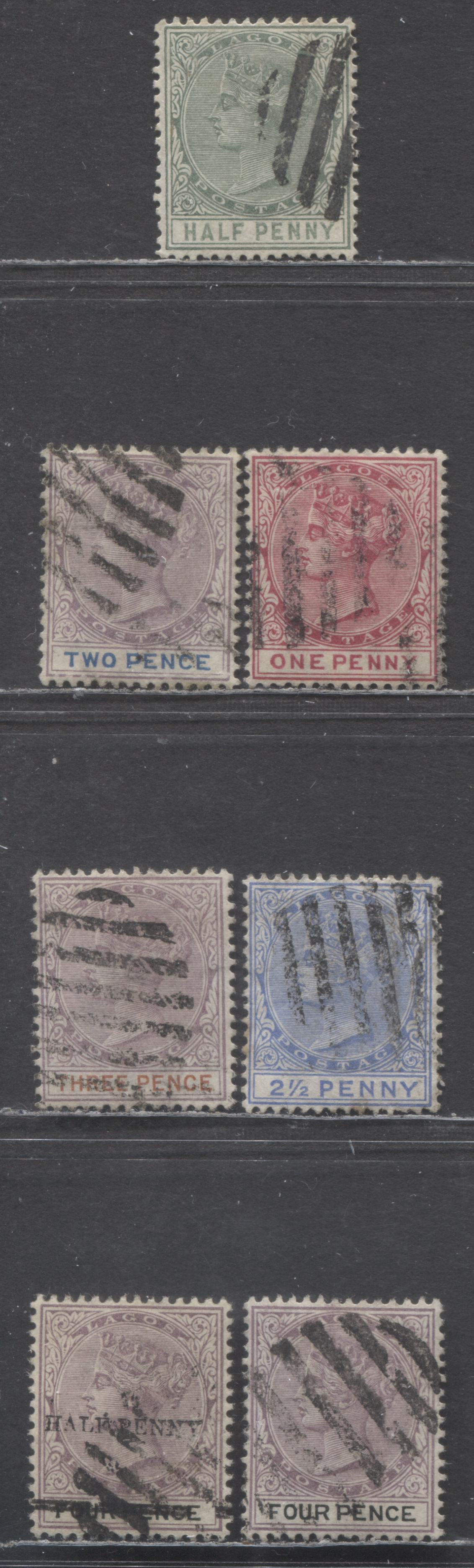 Lagos SC#13/39 1887-1901 Queen Victoria Issue, Bar Cancelled Examples, Crown CA Wmks, 7 Fine Used Singles, 2017 Scott Cat. $16.9