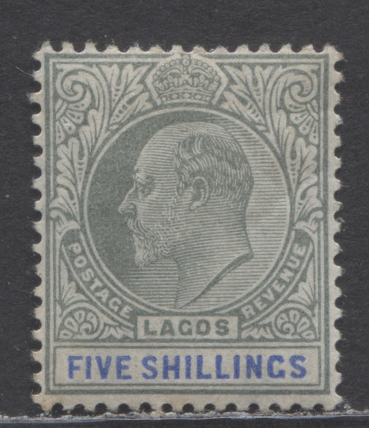 Lagos SC#58 5/- Green & Ultramarine 1906 King Edward VII Issue, On Ordinary Paper, Multiple Crown CA Wmk, A VFOG Single, Click on Listing to See ALL Pictures, 2017 Scott Cat. $27.5