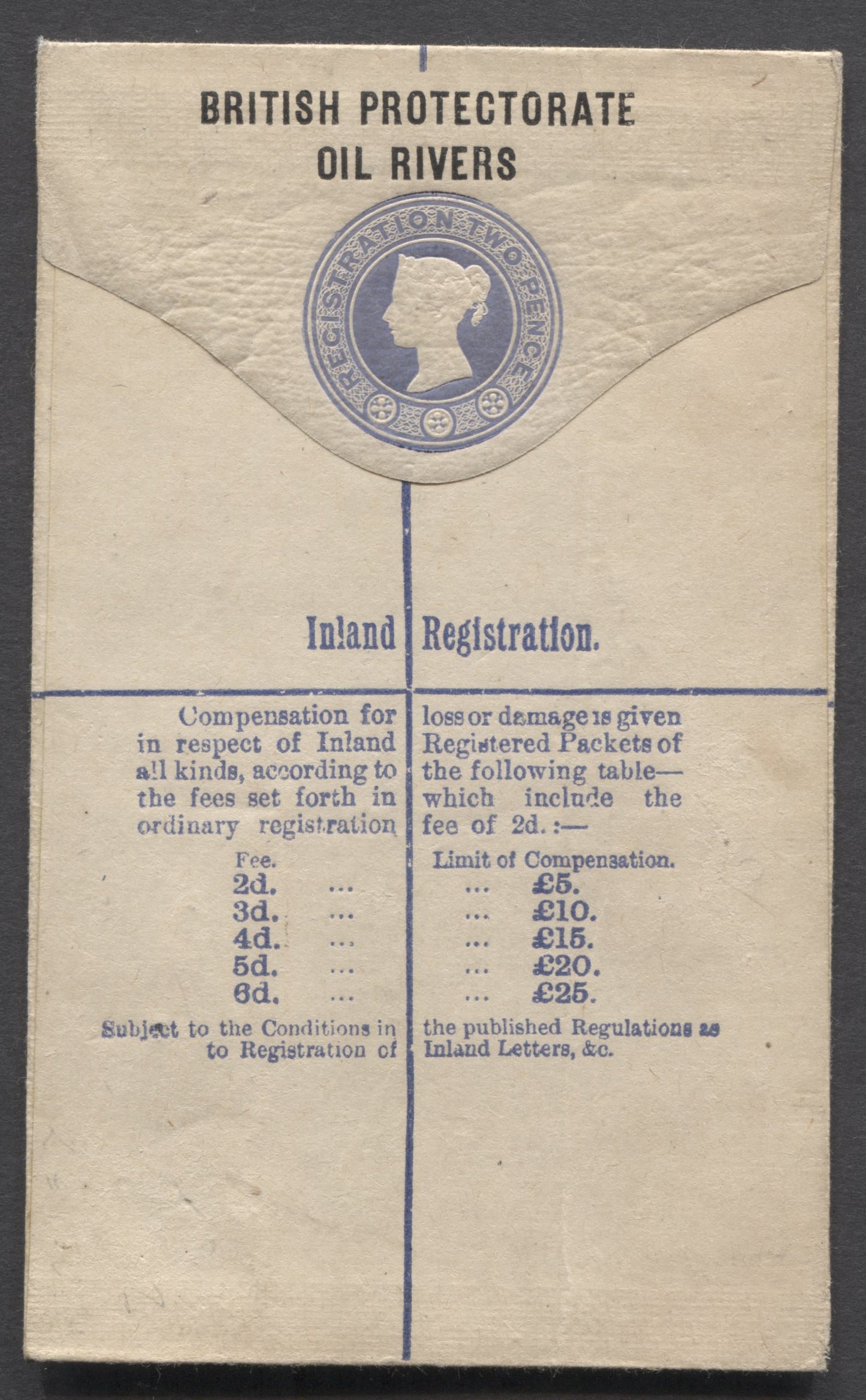 Niger Coast Protectorate SC#  1892-1893 Queen Victoria Issue, 2d Small Registration Envelope, Showing Compensation Limits To 25 GBP, A Fine/Very Fine Used Registration Envelope, Estimated Value $25