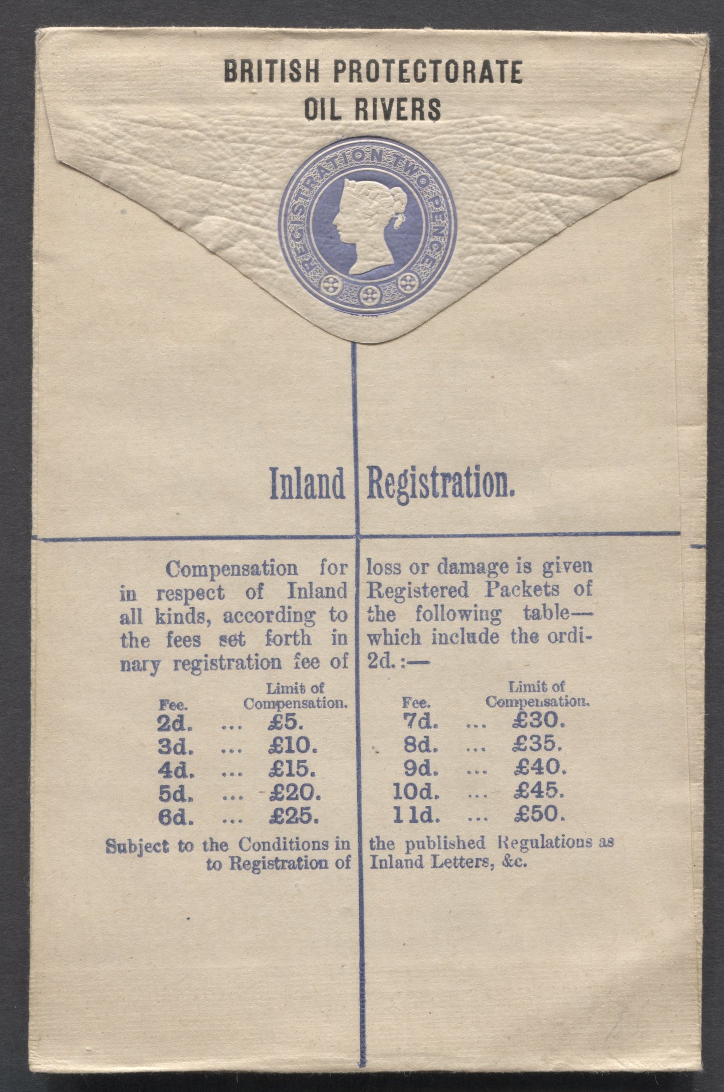 Niger Coast Protectorate SC#  1892-1893 , 2d Registration Envelope, Fresh, Back Showing Compensation Limits To 50 GBP, 0 Fine/Very Fine Unused Registration Envelope, Click on Listing to See ALL Pictures, Estimated Value $25