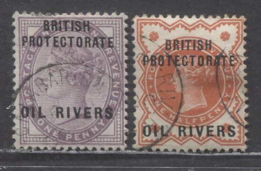 Niger Coast Protectorate SC#1-2 1892 Overprinted GB Issue, Imperial Crown Wmk, 2 Fine/Very Fine Used Singles, Click on Listing to See ALL Pictures, 2017 Scott Cat. $24