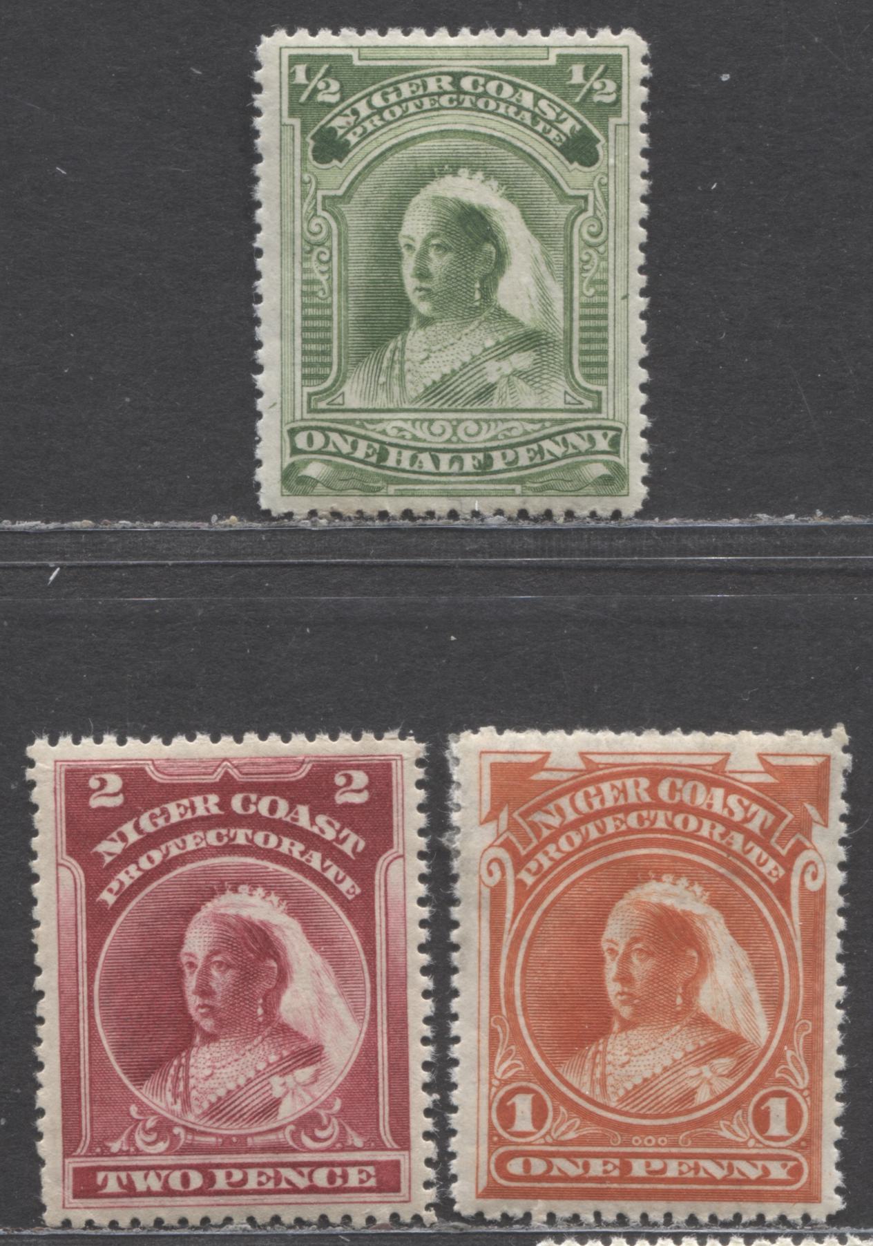 Niger Coast Protectorate SC#55-57 1/2d Yellow Green - 2d Carmine Lake 1897-1898 Queen Victoria Issue, With crown CA Watermark, 3 F/VF OG Singles, Click on Listing to See ALL Pictures, Estimated Value $12 USD