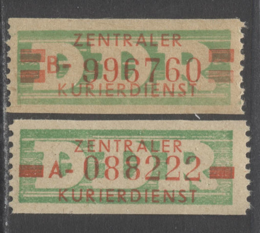 German Democratic Republic Mi#30IIA,31IB 10pf & 20pf Emerald Green & Red 1959 Official Coil Issue Type II, 4.5mm Long Value Bar, For Rostock & Leipzig, 2 VFNH Singles, Click on Listing to See ALL Pictures, Estimated Value $20 USD