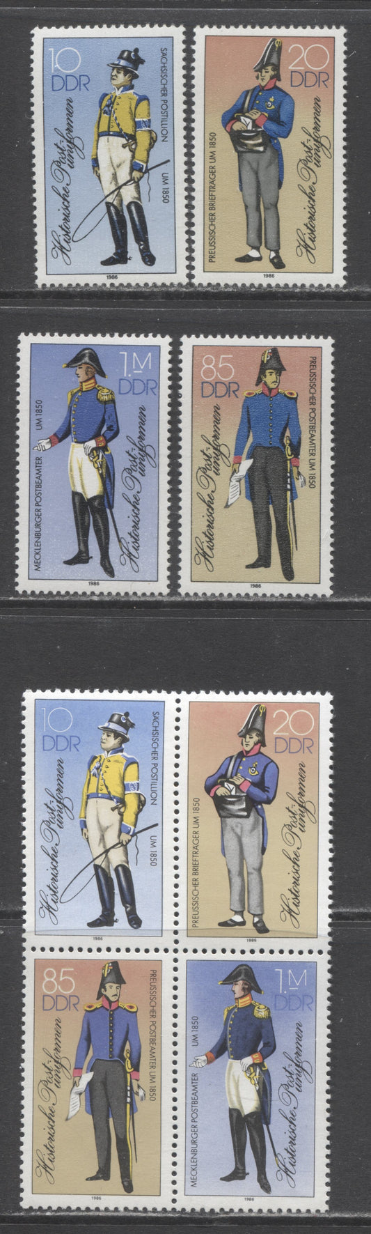 German Democratic Republic Mi#2997I (2520)-3000II (2523a) 1986 Postal Uniforms Issues, Both Photo & Litho Printings, Perfs 14 & 12.5 x 13, 5 VFNH Singles & Block Of 4, Click on Listing to See ALL Pictures, Estimated Value $8