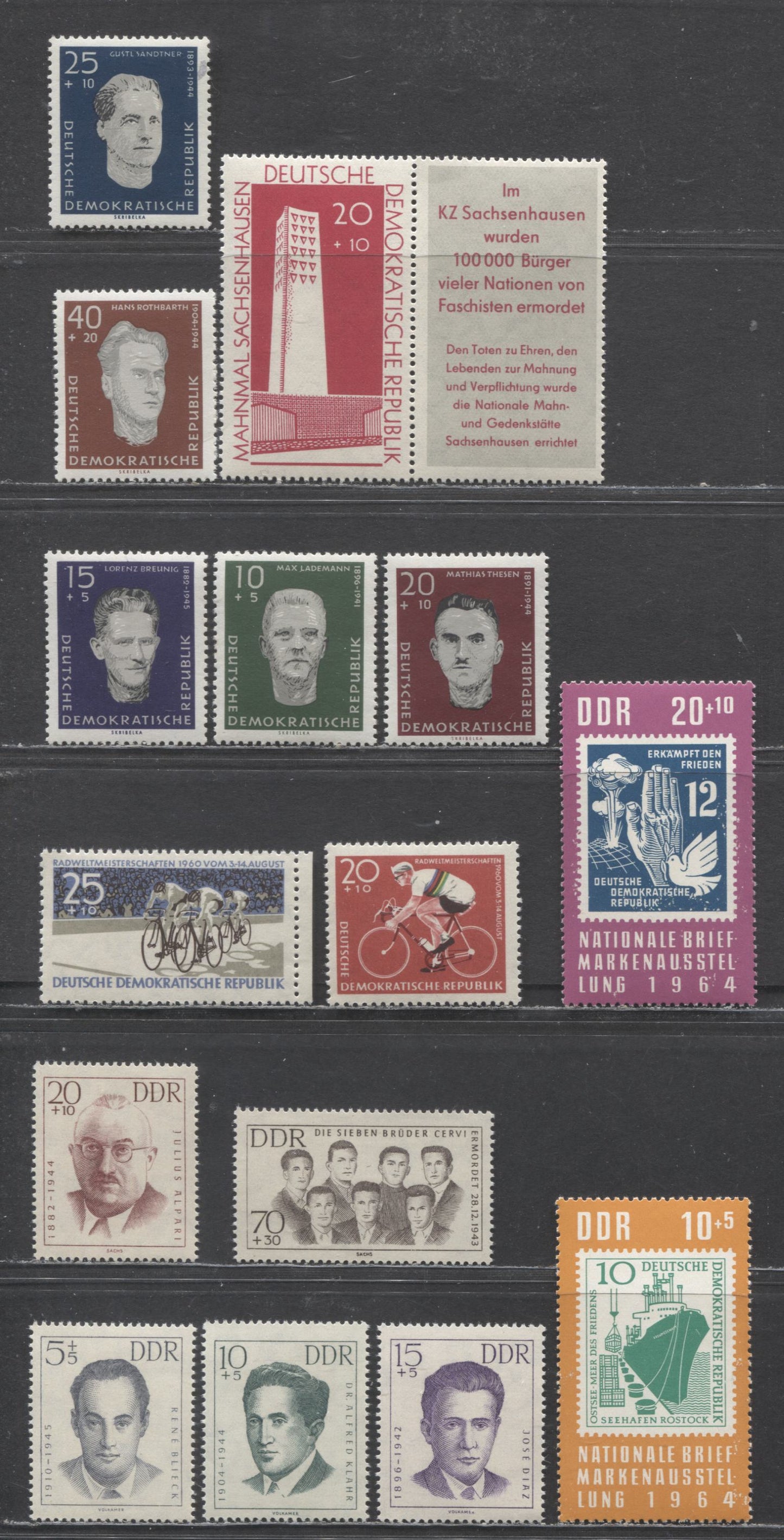 German Democratic Republic Mi#755x (B60)/1057 (B125) 1960-1964 Semi Postals, 15 VFNH Singles, Click on Listing to See ALL Pictures, Estimated Value $9