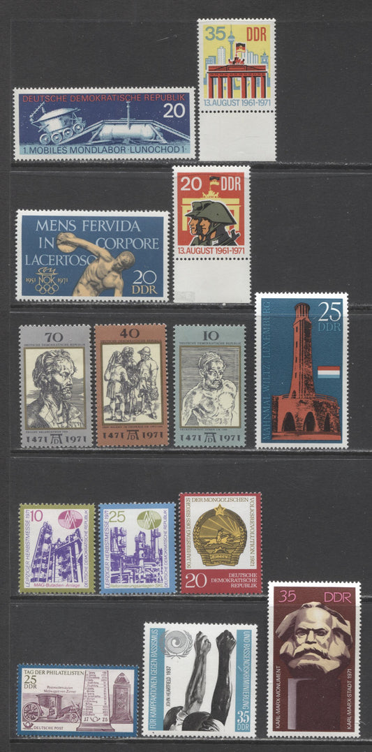 German Democratic Republic Mi#1659 (1285)/1707 (1329) 1971 Luna 17 Philatelists Day Issue, 14 VFNH Singles, Estimated Value $9
