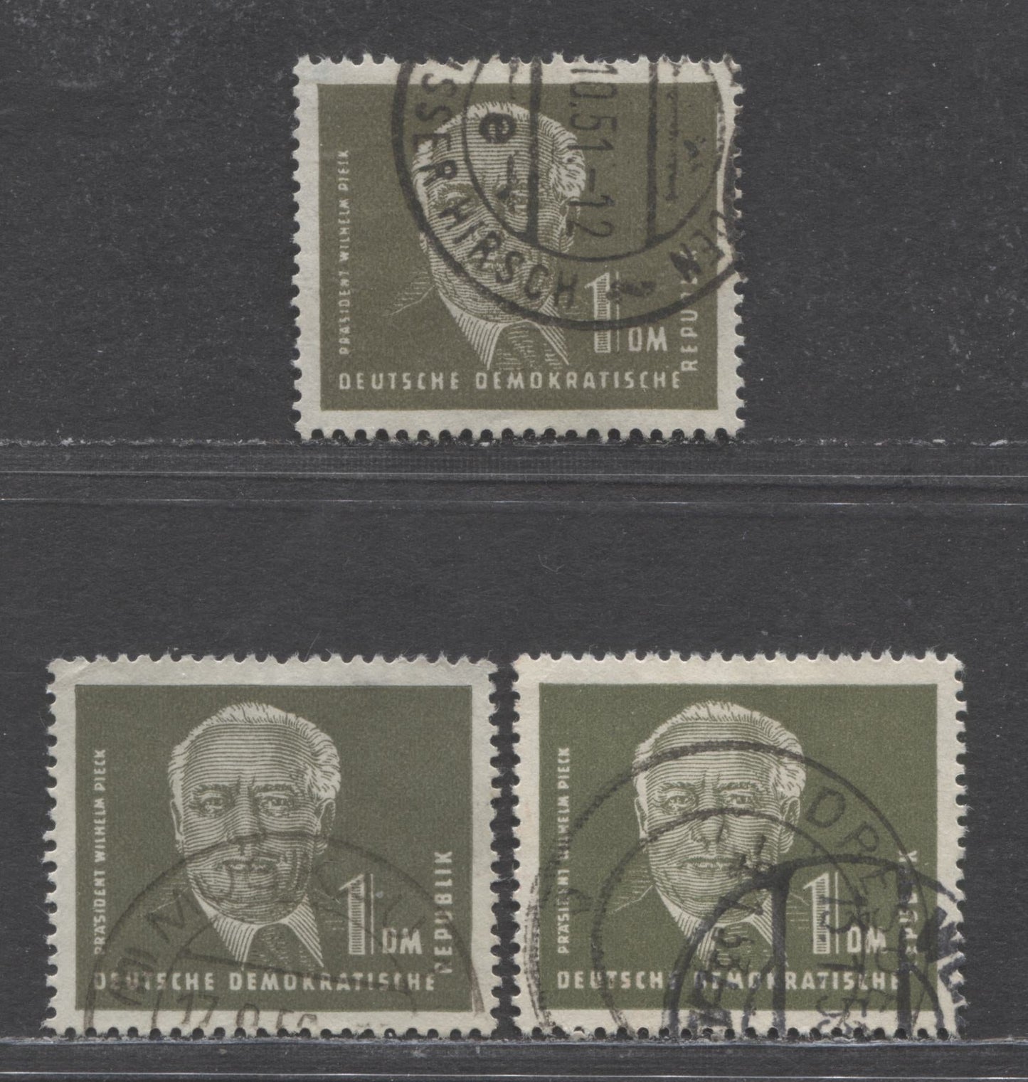 German Democratic Republic Mi#253a (SC# 56)-253bc (SC# 56) 1950-1951 Pieck Definitives, Postally Used, 1m Dark Brown Olive, Dark Gray Olive & Dark Green Olive Shades, 3 Very Fine Used Singles, Estimated Value $25