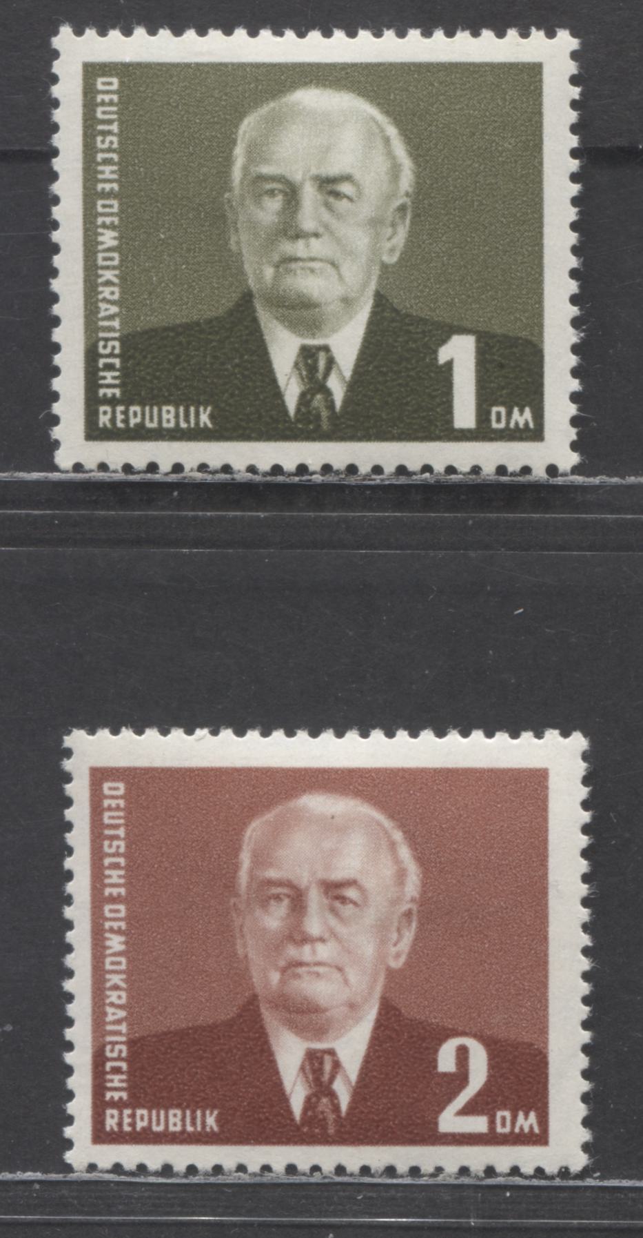 German Democratic Republic Mi#343aIXI (120)-343IXI (SC# 121) 1952-1953 Pieck Definitives, 2m On Chalk Surfaced Paper & 1m With Design Size 28x23mm, Type I Wmks, 2 VFOG Singles, Estimated Value $8