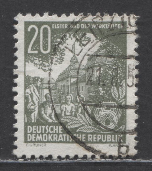 German Democratic Republic Mi#370XII (SC# 163) 20pf Olive 1953 5 Year Plan Definitives, Postally Used, Original Printing, Type II Wmk, A Fine/Very Fine Used Single, Click on Listing to See ALL Pictures, Estimated Value $20