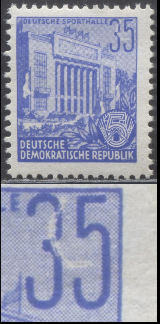 German Democratic Republic Mi#374XIIvar (SC# 166) 35pf Blue 1953 5 Year Plan Definitives, Large White Arc Flaw Through '35', DDR & Posthorn Wmk Type 2, A FOG Single, Click on Listing to See ALL Pictures, Estimated Value $5