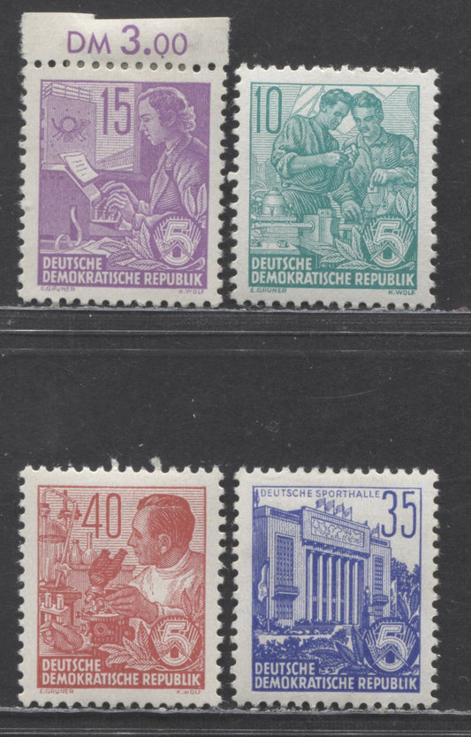 German Democratic Republic Mi#409XXI (191)/418XXI (200) 1953-1954 5 Year Plan Definitives, Revised Designs, DDR & Posthorn Wmks Type 1, 4 VFOG Singles, Click on Listing to See ALL Pictures, Estimated Value $25